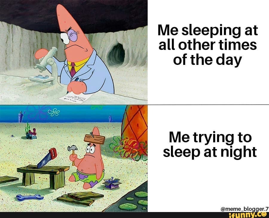 Me sleeping at
all other times
of the day
Me trying to
sleep at night
@meme_blogger.7