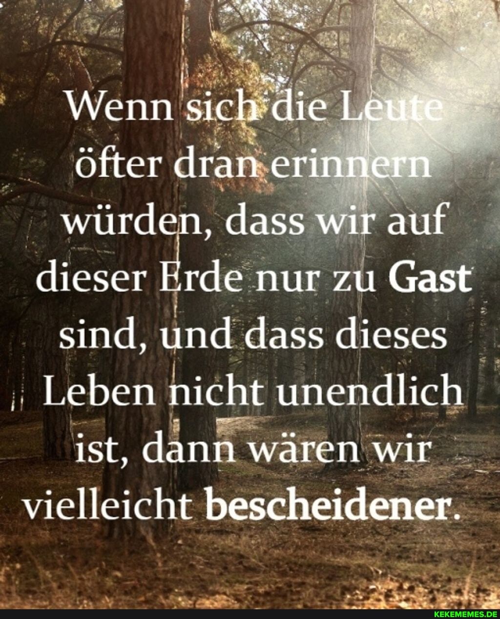 Wenn sich die l,eute öfter dran erinnern würden, dass wir auf dieser Erde nur zu Gast sind, und dass dieses
.eben nicht unendlich ist, dann wären wir vielleicht bescheidener.