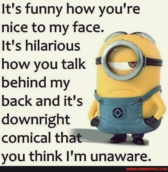 It's funny how you're nice to my face.
It's hilarious how you talk behind my back and it's downright
comical th wan think I'm tinaware.