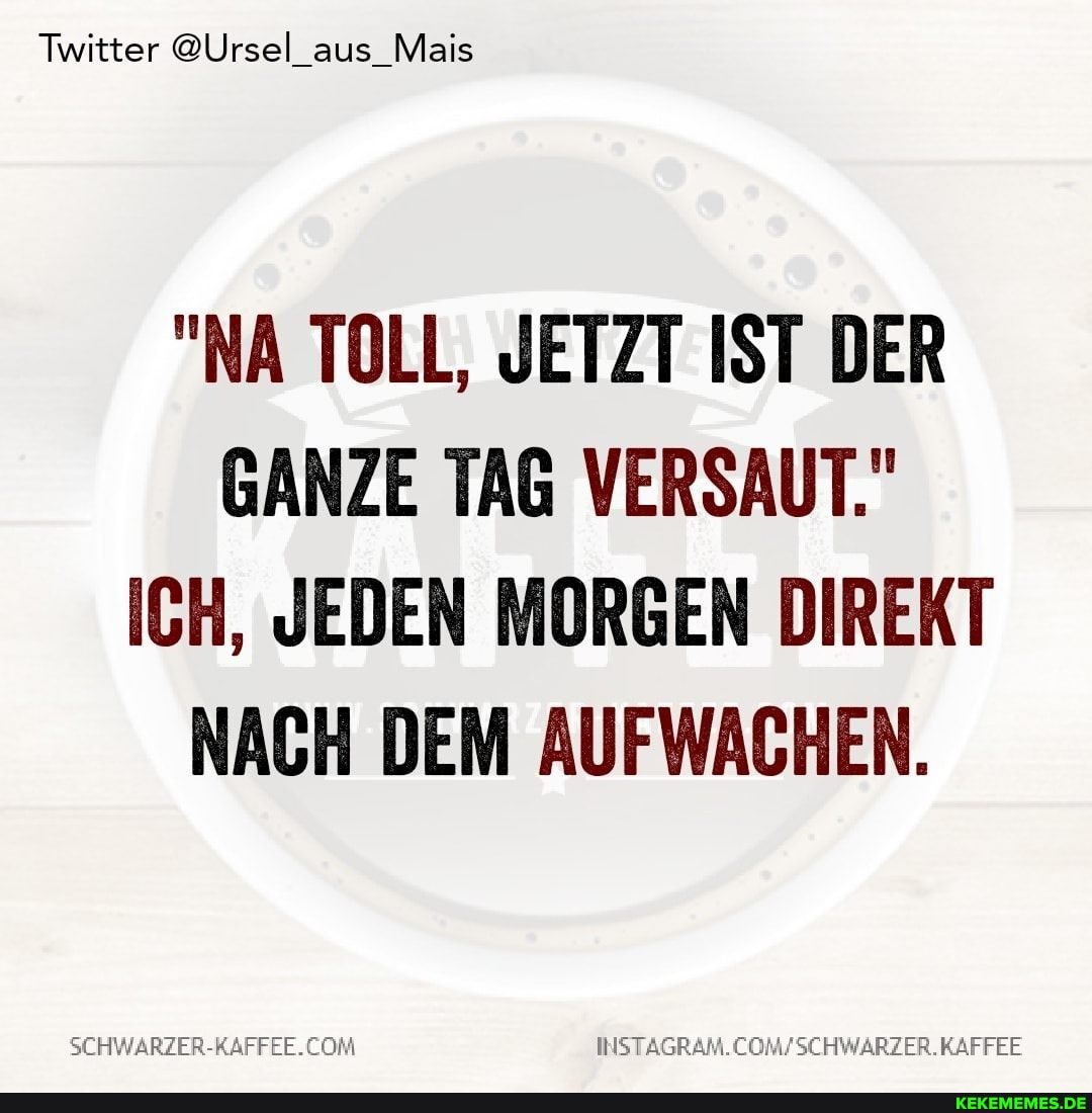 Twitter @Ursel_aus_Mais
"NA TOLL, JETZT IST DER GANZE TAG VERSAUT."
ICH, JEDEN MORGEN DIREKT NACH DEM AUFWACHEN.