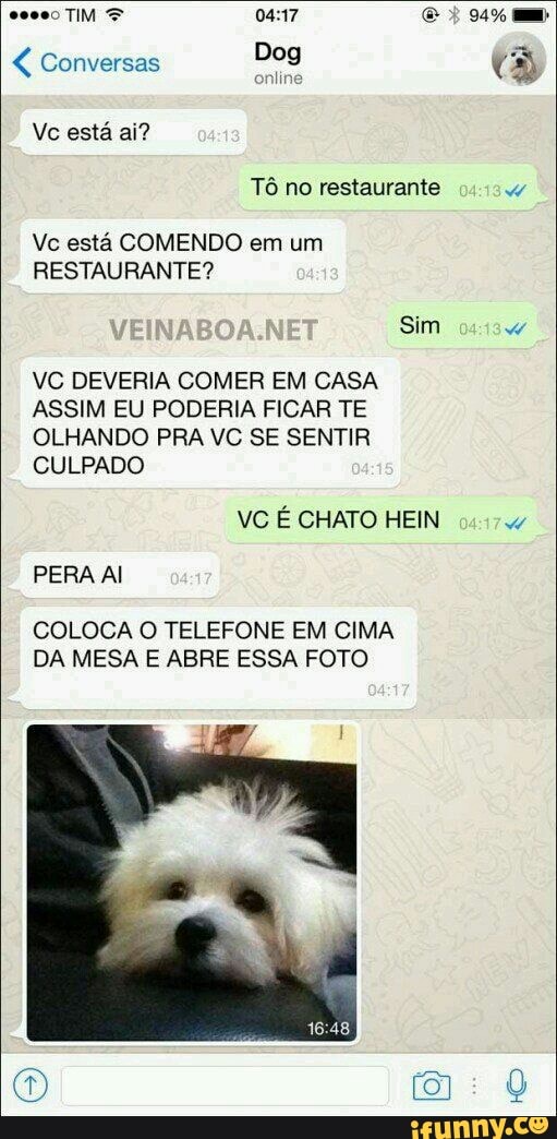 Dog Conversas
está
Vc está COMENDO em um
RESTAURANTE?
VC DEVERIA COMER EM CASA
ASSIM EU PODERIA FICAR TE
OLHANDO PRA VC SE SENTIR
CULPADO
VC É CHATO HEIN
PERA AI
COLOCA O TELEFONE EM CIMA
DA MESA E ABRE ESSA FOTO
w