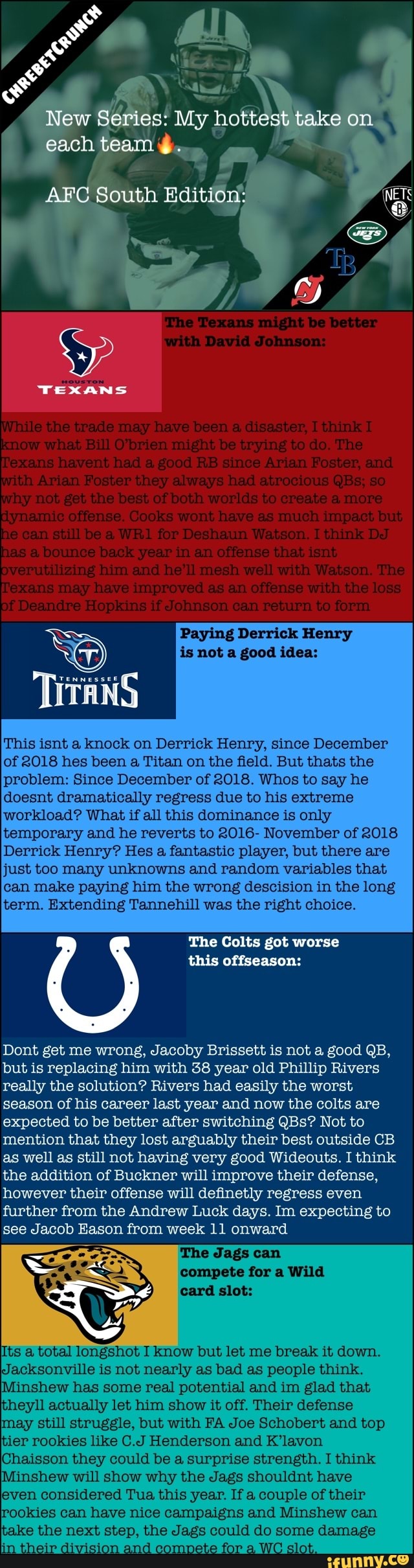 Paying Derrick Henry
is not a good idea:
This isnt a knock on Derrick Henry, since December
of 2018 hes been a Titan on the field. But thats the
problem: Since December of 2018. Whos to say he
doesnt dramatically regress due to his extreme
'workload? What if all this dominance is only
