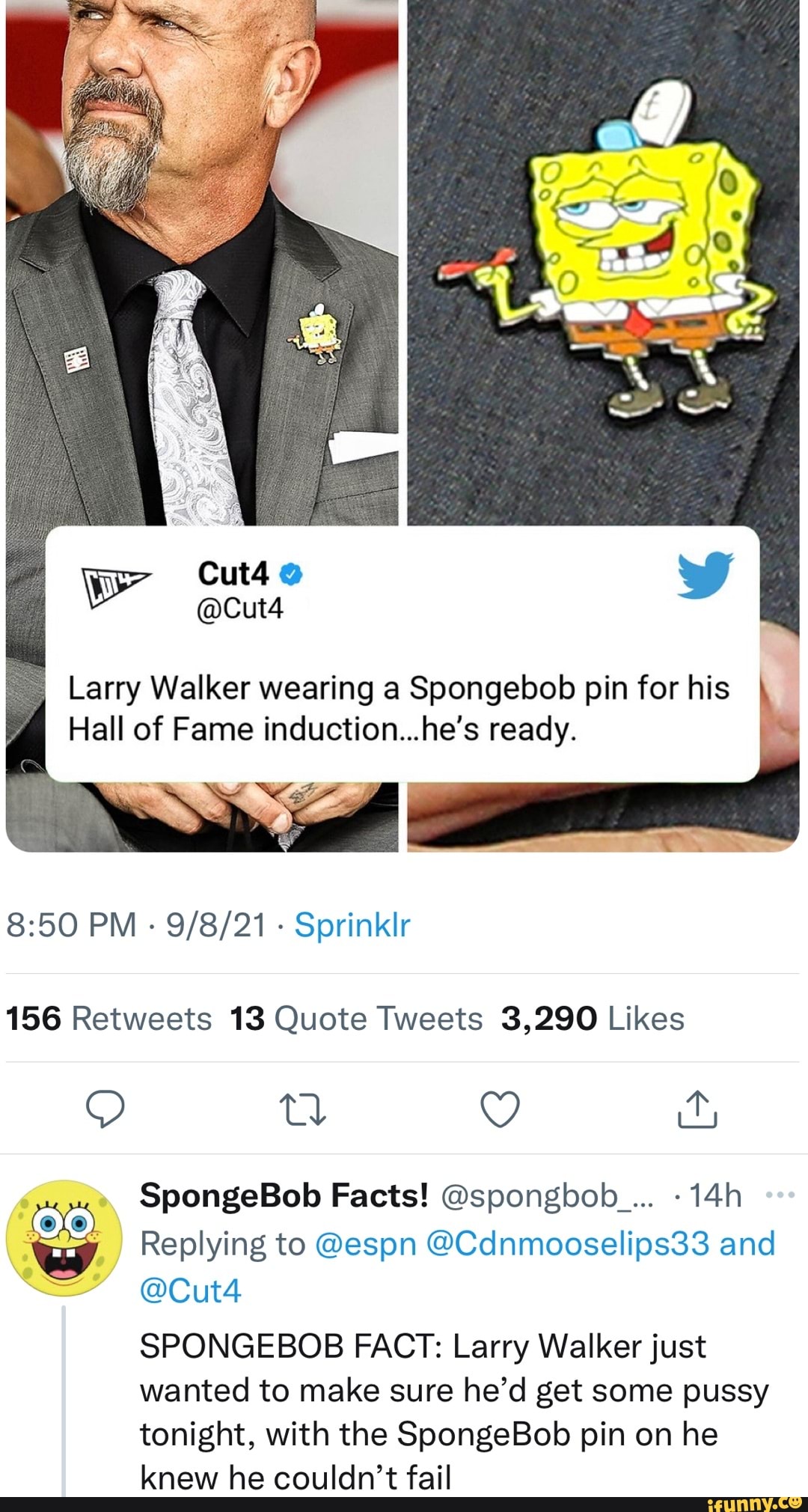 We Cut4 @Cut4 Larry Walker wearing a Spongebob pin for his I Hall