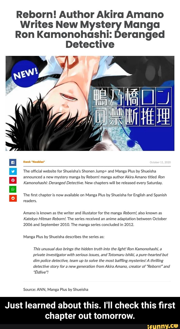 Reborn Author Akira Amano Writes New Mystery Manga Ron Kamonohashi Deranged Detective The Official Website For