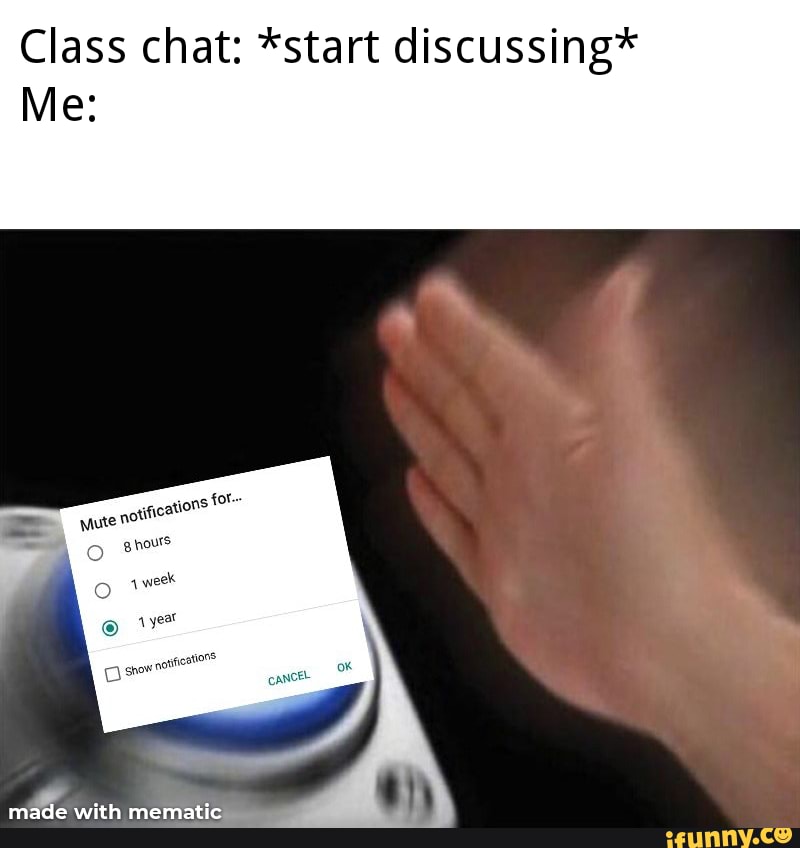 Class chat: *start discussing*
Me:
mute notifications
Bo pros
we
with mematic