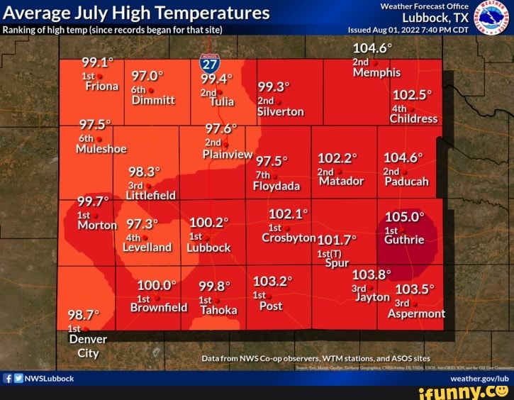 Average July High Temperatures Issued Aug 2022 Ranking of high temp