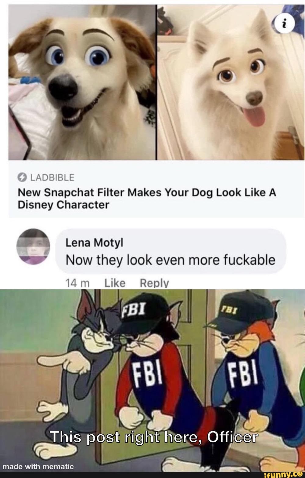 New Snapchat Filter Makes Your Dog Look Like A Disney Character
Lena Motyl
Now they look even more fuckable
_ Like Reply
ThisI post irightiiere, Officer