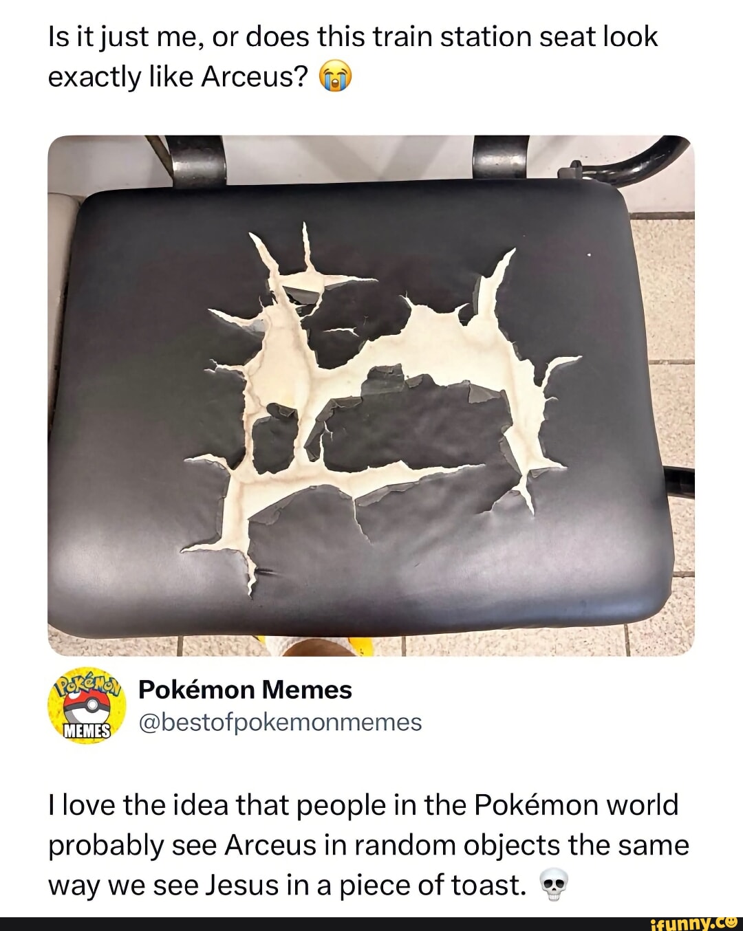 Is it just me, or does this train station seat look exactly like Arceus ...