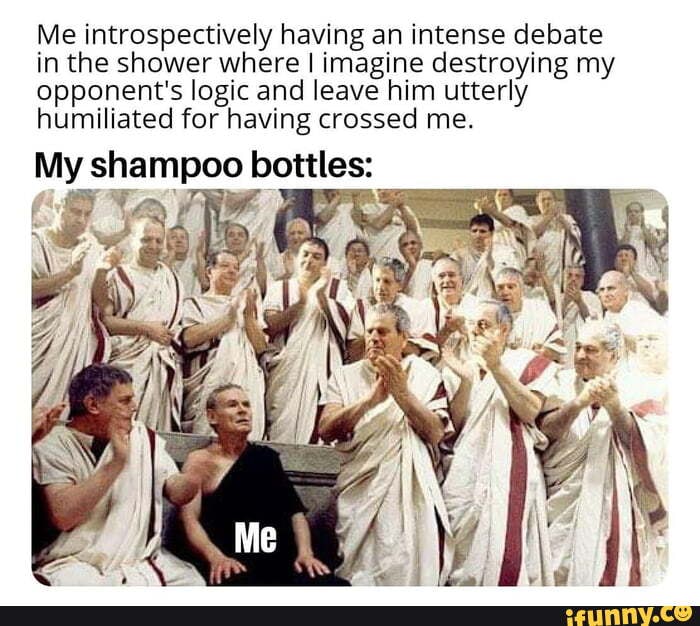 Me introspectively having an intense debate in the shower where I imagine destroying my opponent's logic and leave him utterly humiliated for having crossed me.
My shampoo bottles: