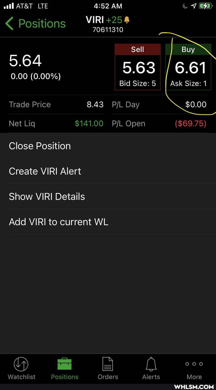 all LTE AM
VIRI
Positions
Sell Buy
5.64
0.00 (0.00%) 5.63 6.61
Bid Size: 5 Ask Size: 1
$0.00
Trade Price 8.43 Day
Net Liq $141.00 Open ($69.75)
Close Position
Create VIRI Alert
Show VIRI Details
Add VIRI to current WL