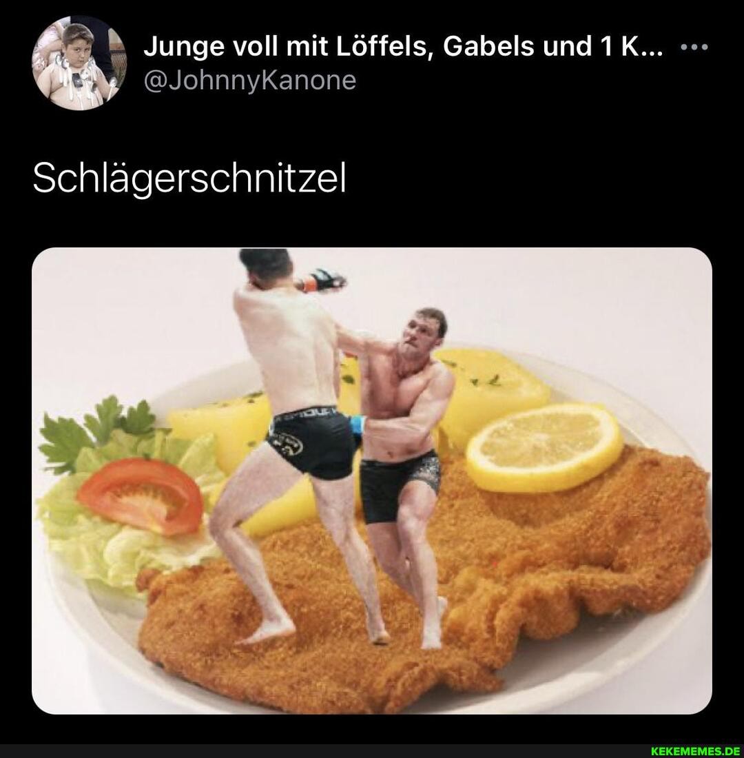 Junge voll mit Löffels, Gabels und
Schläagerschnitzel
