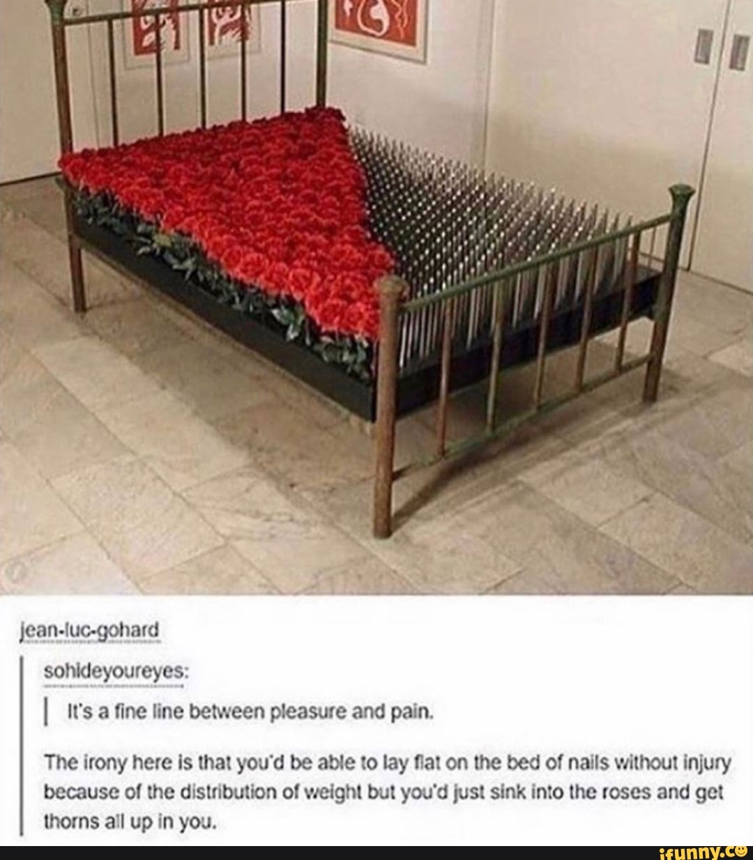 I It's a fine line between pleasure and pain.
The irony here is that you'd be able to lay flat on the bed of nails without injury
because of the distribution of weight but you'd just sink into the roses and get
thorns all up in you.