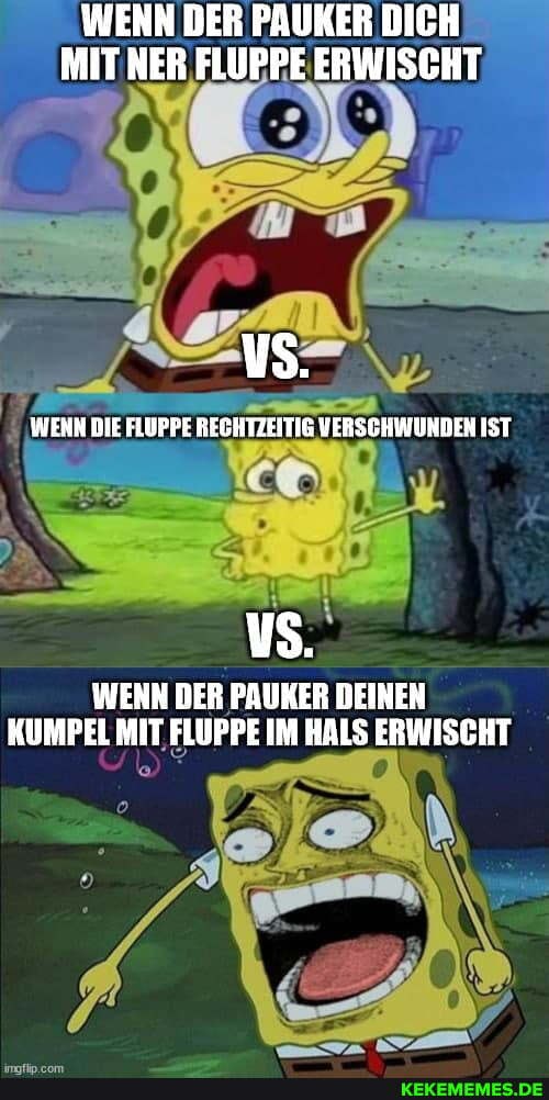 WENN DER PAUKER DICH MIT NER FLUPPE ERWISCHT
WEHN DIE FLUPPE BECHTZEITIG VERSCHWINDEN IST
WENN DER PAUKER DEINEN KUMPEL MIT FLUPPE IM HALS ERWISCHT