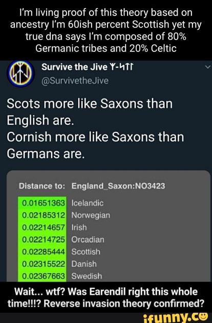 I'm living proof of this theory based on ancestry I'm 60ish percent Scottish yet my true dna says I'm composed of 80%
Germanic tribes and 20% Celtic
Survive the Jive Y-4TI LY @SurvivetheJive
Scots more like Saxons than
English are.
Cornish more like Saxons than
Germans are.
Distance to:
0.01651363
0.02185312
0.02214657
0.02214725
0.02285444
0.02315522
0.02367663
Icelandic
Norwegian
Irish
Orcadian
Scottish
Danish
Swedish
Wait... wtf? Was Earendil right this whole
? Reverse invasion theory confirmed?