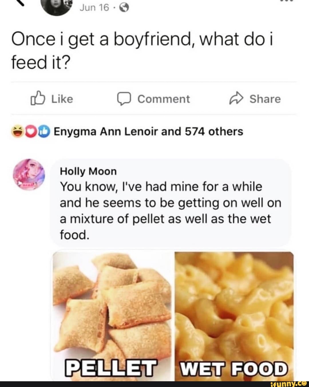 A
Once i get a boyfriend, what do i
feed it? DD Enygma Ann Lenoir and 574 others Holly Moon You know, I've had mine for a while
and he seems to be getting on well on
a mixture of pellet as well as the wet
food.
I
BENET WE FOOD)