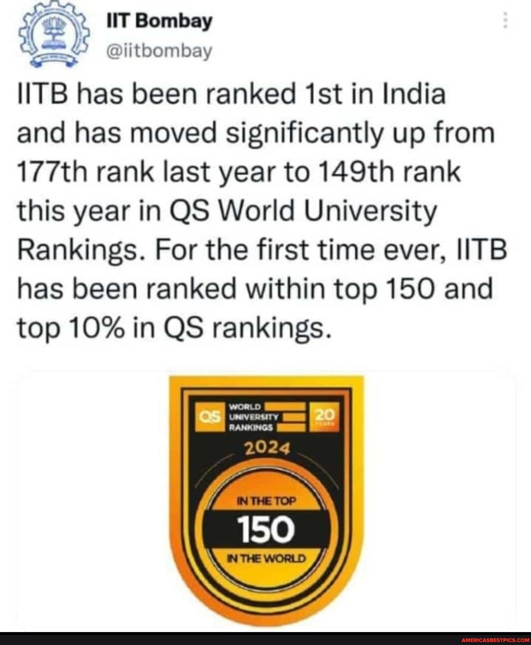 Bombay @iitbombay LIITB Has Been Ranked Ist In India And Has Moved ...