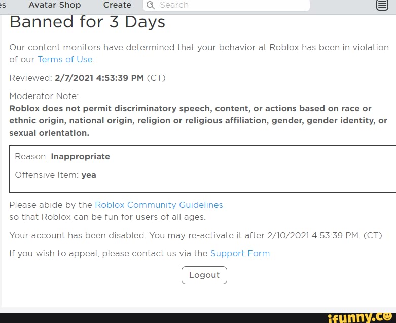 so i've been banned from roblox for 3 days and this is my avatar