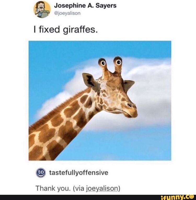 é Josephine A. Sayers
4 @joeyalison
I fixed giraffes.
© tastefullyoffensive
Thank you. (via joeyalison)