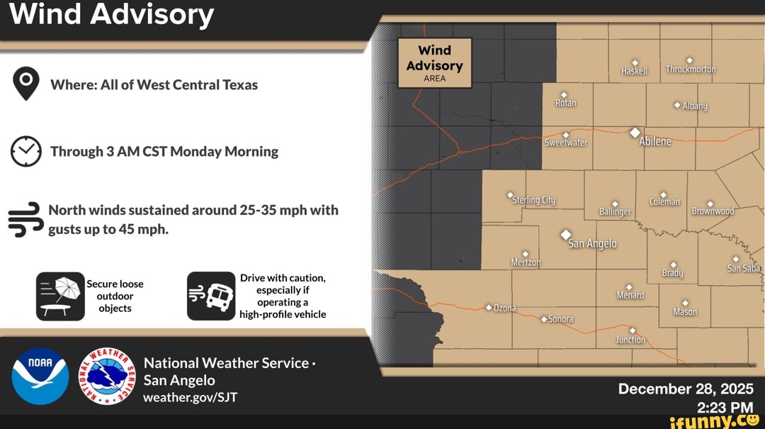 Wind Advisory Where: All of West Central Texas Through 3 AM CST Monday ...