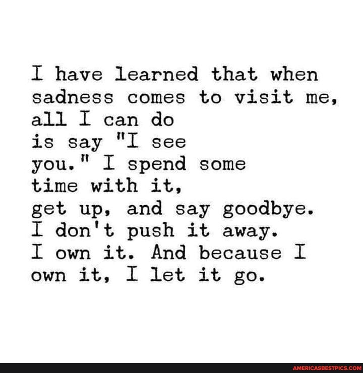 I have learned that when sadness comes to visit me, all I can do
is say "I see
you." I spend some
time with it,
get up, and say goodbye.
I don't push it away.
I own it. And because I own it, I let it go.