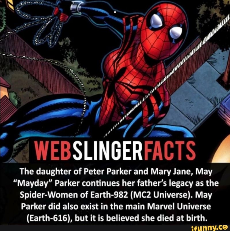 al
4 - xX
WE
SLINGER
The daughter of Peter Parker and Mary Jane, May
"Mayday" Parker continues her father's legacy as the
Spider-Women of Earth-982 Universe). May
Parker did also exist in the main Marvel Universe
(Earth-616), but it is believed she died at birth.