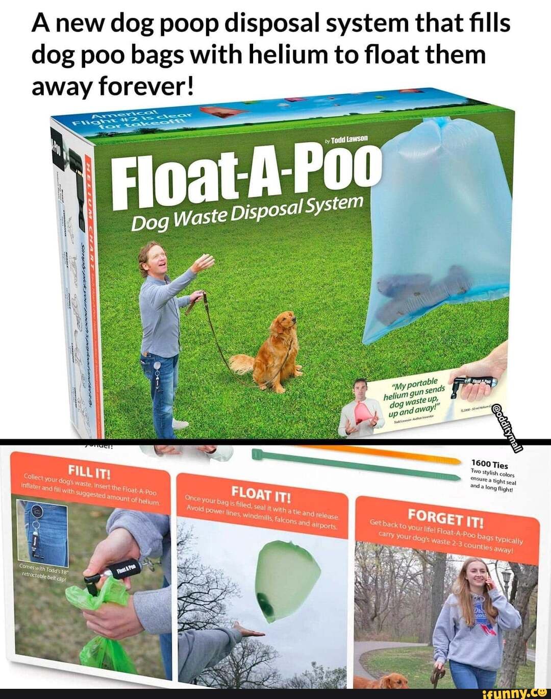 A new dog poop disposal system that fills dog poo bags with helium to