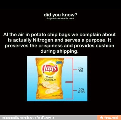 Al the air in potato chip bags we complain about is actually Nitrogen