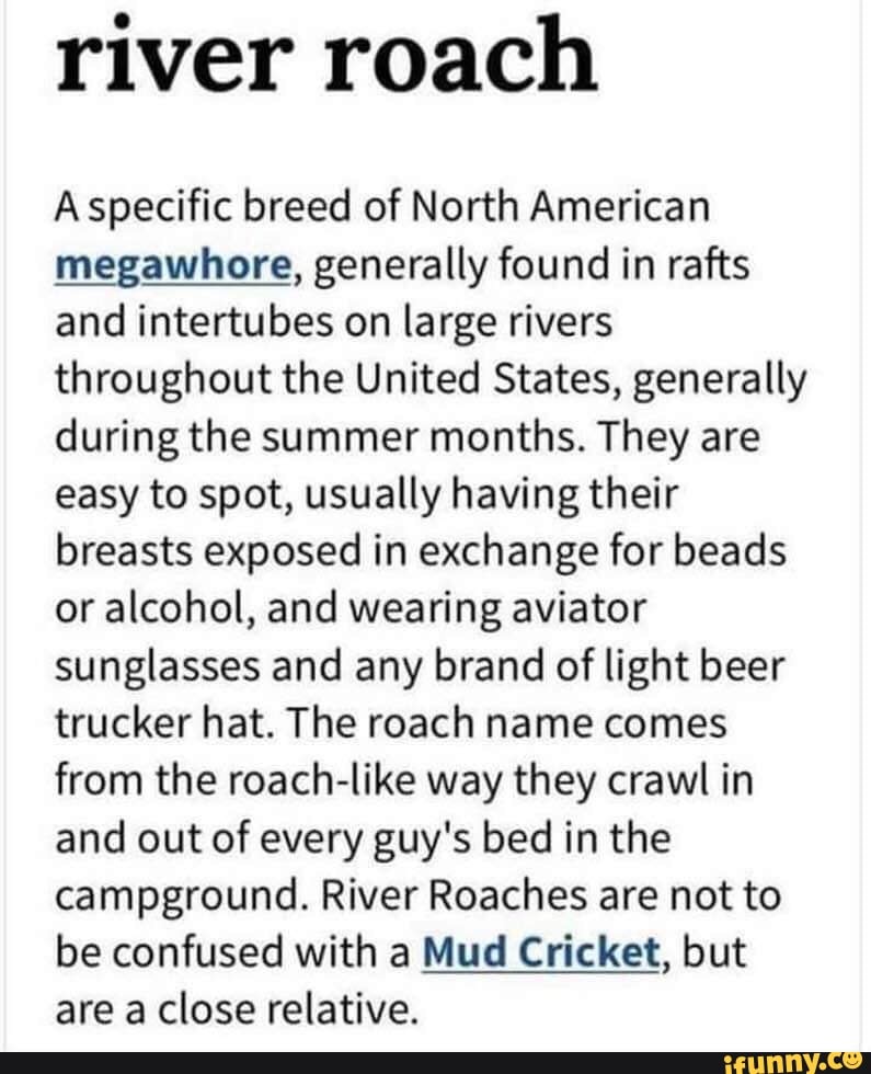 river roach A specific breed of North American m_ggawhore, generally found ...