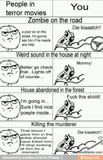 People in
terror movies
You
Zombie on
the road
Die biaaatch!!
e house at night
Mommy!
poeple inside...
Killing the murderer
That shoot I
gave him in the
nkle should
ave killed him.
rl stop looking
at him for a
moment
Die biaaatch!!