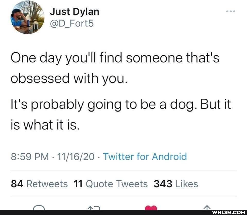 Just Dylan
@D_Fort5
One day you'll find someone that's
obsessed with you.
It's probably going to be a dog. But it is what it is.
PM - - Twitter for Android