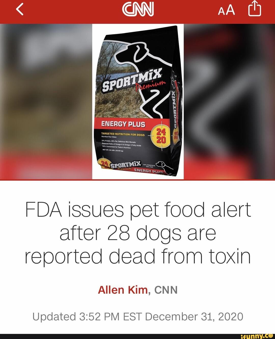 AA ENERGY PLUS FDA issues pet food alert after 28 dogs are reported dead from toxin Allen Kim
