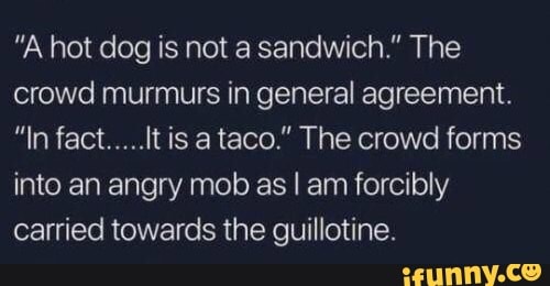 "A hot dog is not a sandwich." The crowd murmurs in general agreement.
"In fact.....Itis a taco." The crowd forms into an angry mob as I am forcibly carried towards the guillotine.
