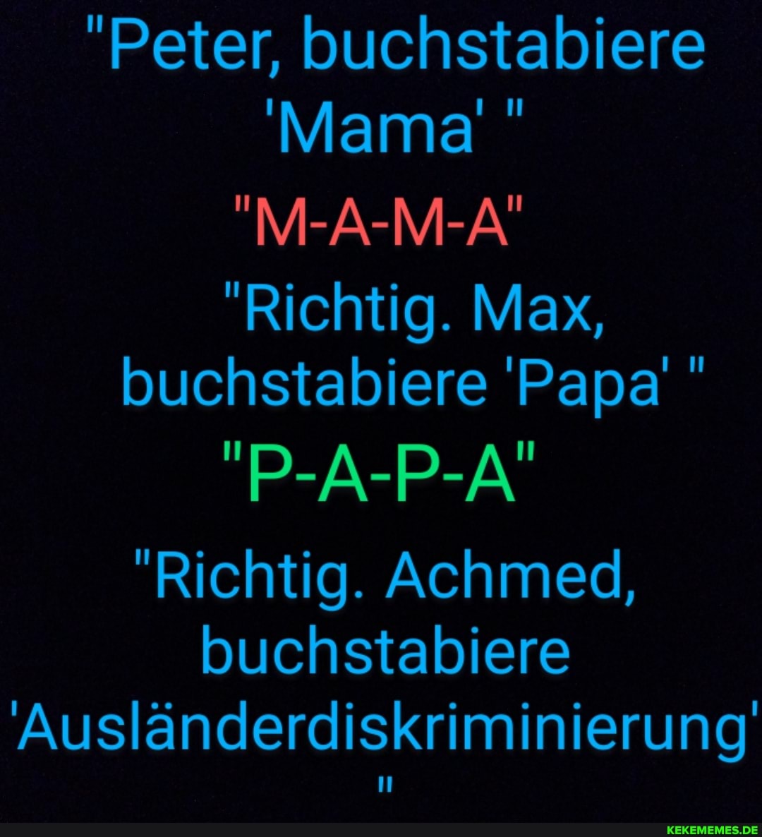 "Peter, buchstabiere
'Mama
"M-A-M-A"
"Richtig. Max, buchstabiere Papa
"P-A-P-A'
"Richtig. Achmed, buchstabiere
Ausländerdiskriminierung