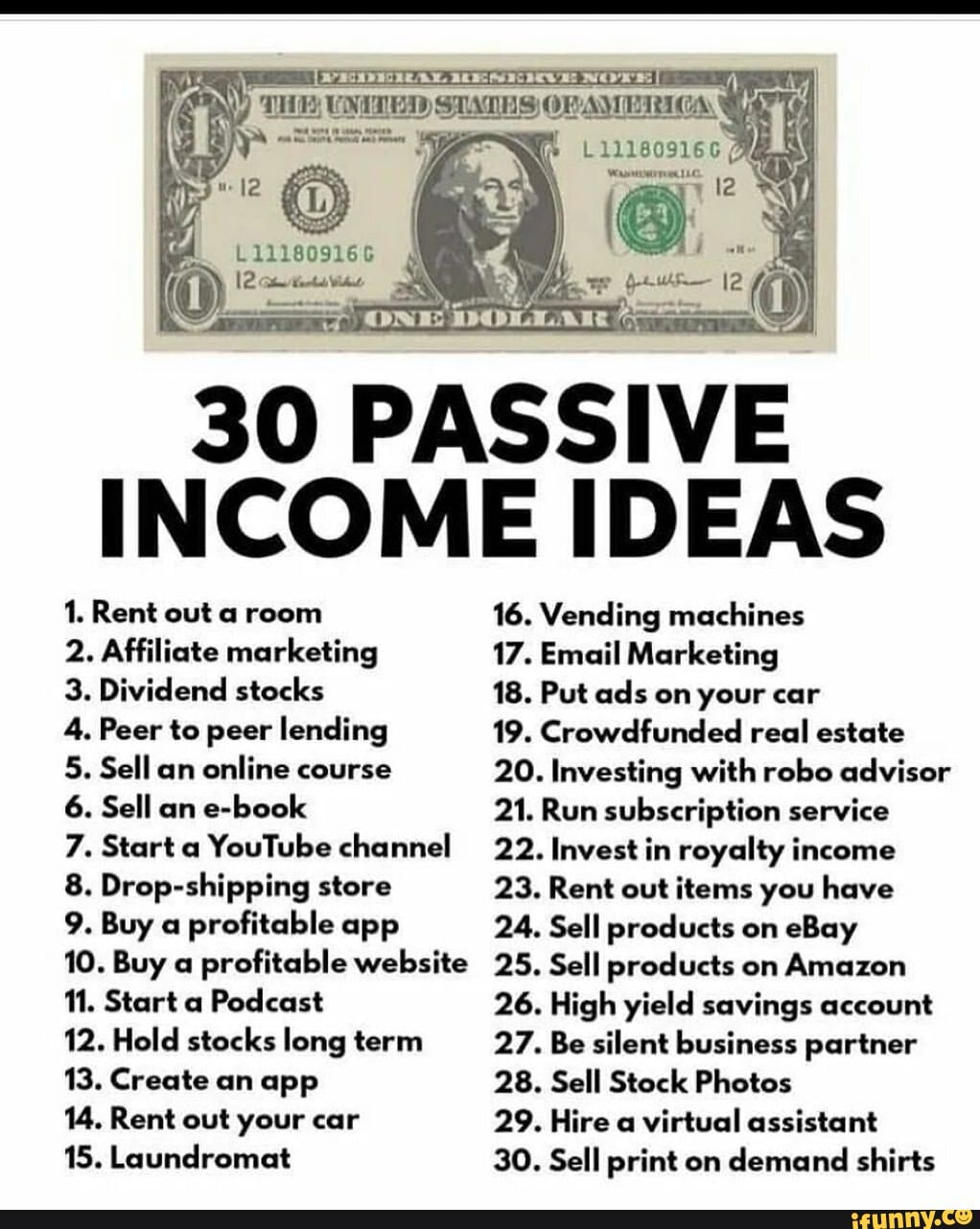 30 PASSIVE IDEAS 1. Rent out a room 2. Affiliate marketing 3