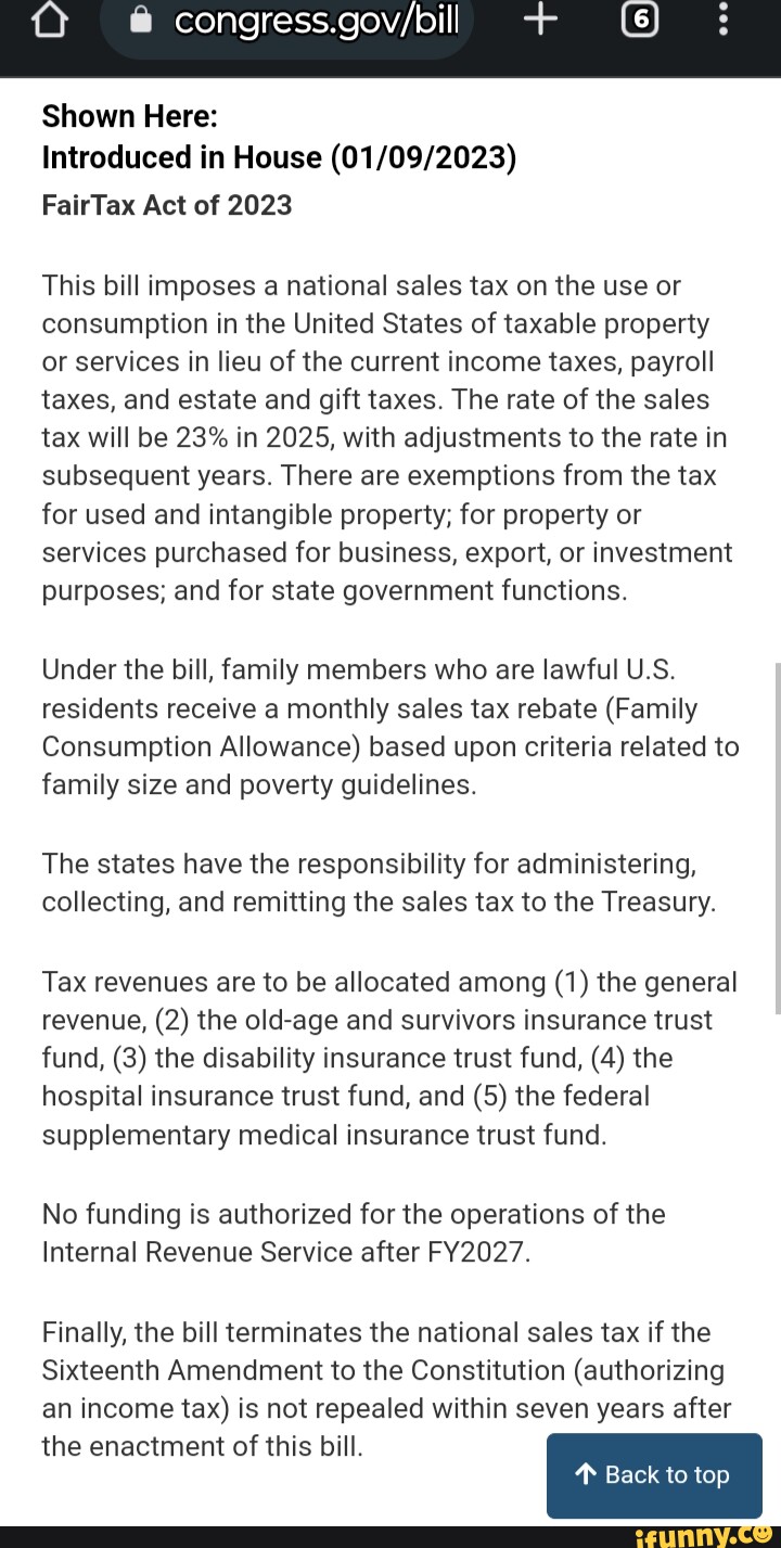 Shown Here Introduced in House FairTax Act of 2023 This bill imposes a