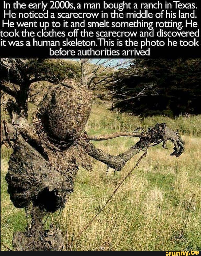 In the early 2000s, a man
bought a ranch
in Texas.
He noticed a scarecrow in the middle of his land.
He went up to it and smelt something rotting. He
ook
the clothes off the scarecrow and discovered
it was a human skeleton. This is the photo he took
before authorities arriv
