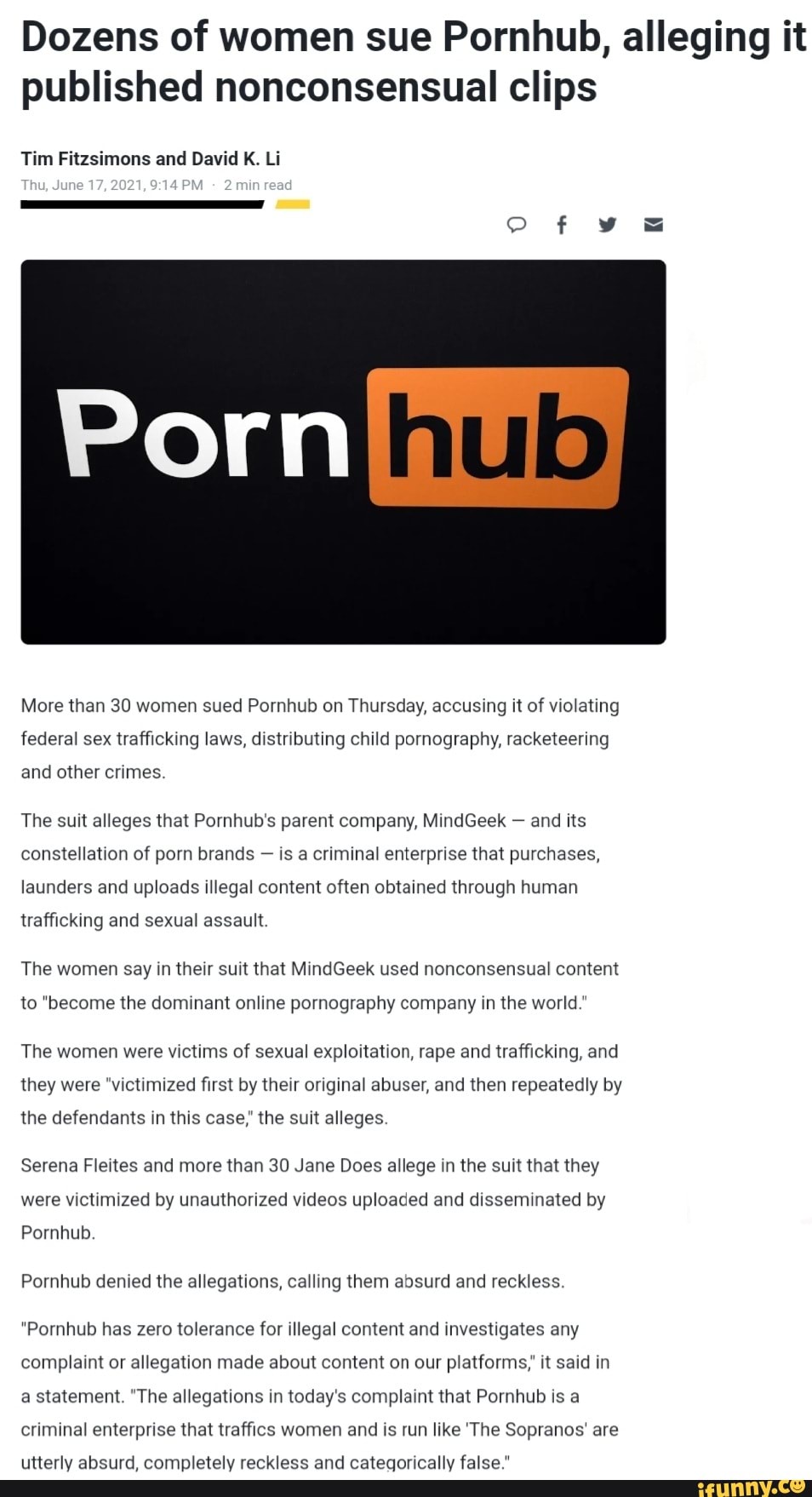 Dozens of women sue Pornhub, alleging it published nonconsensual clips Tim Fitzsimons and David K