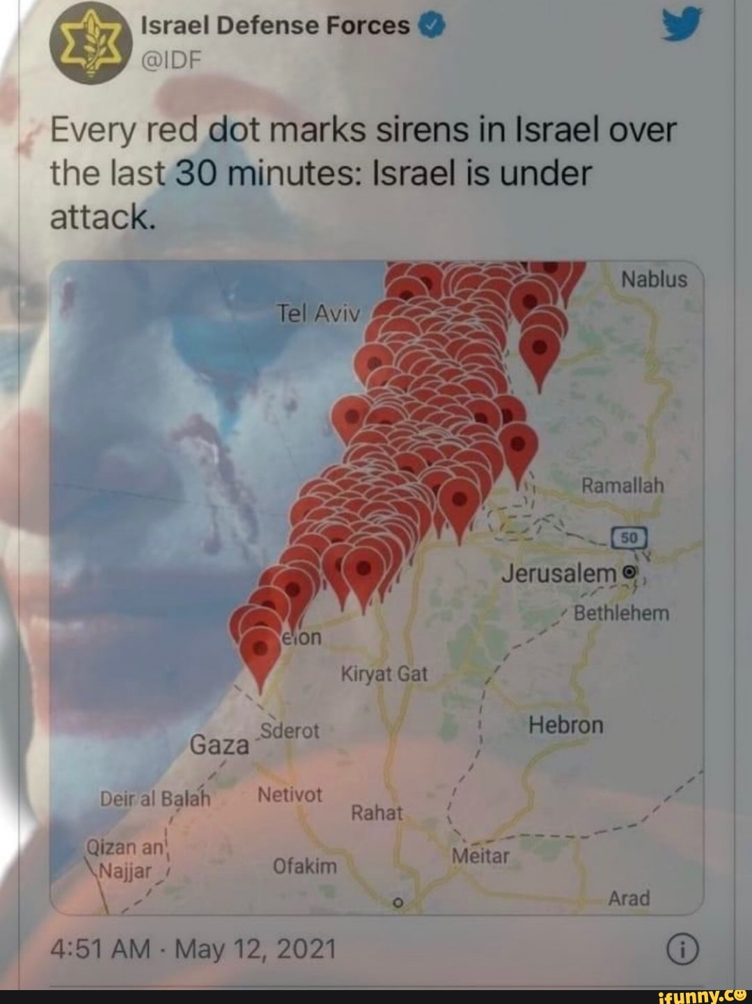 Israel Defense Forces @ Every red dot marks sirens in Israel over the ...