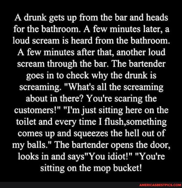 A drunk gets up from the bar and heads for the bathroom. A few minutes later, a loud scream is heard from the bathroom.
A few minutes after that, another loud scream through the bar. The bartender goes in to check why the drunk is screaming. "What's all the screaming about in there? You're scaring the customers!" "I'm just sitting here on the toilet and every time I flush,something comes up and squeezes the hell out of my balls." The bartender opens the door, looks in and says" You idiot!" "You're sitting on the mop bucket!