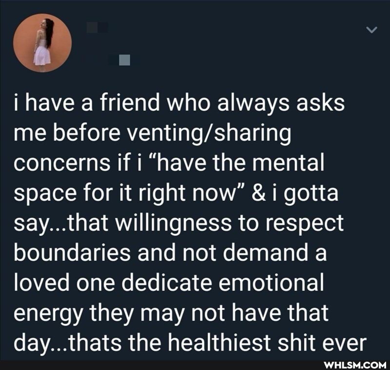 i have a friend who always asks me before concerns if i "have the mental space for it right now" &i gotta say...that willingness to respect boundaries and not demand a loved one dedicate emotional energy they may not have that dav_ thats the healthiest shit ever