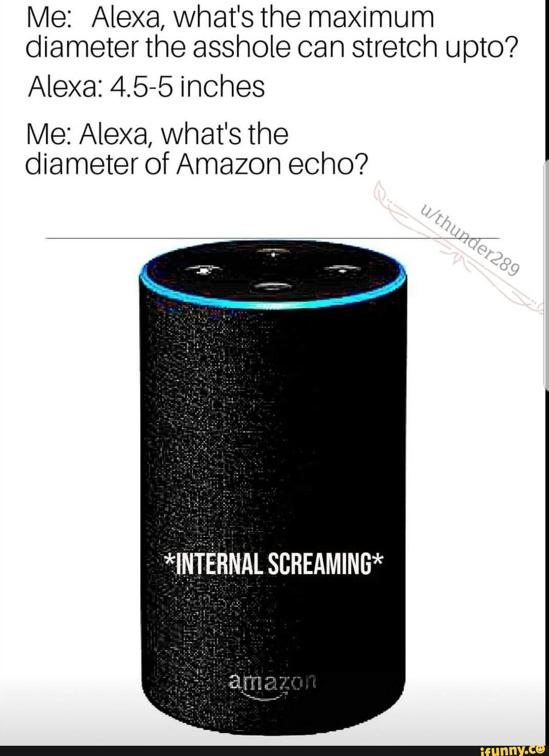 Me: Alexa, what's the maximum diameter the asshole can stretch upto? Alexa: inches Me: Alexa, what's the diameter of Amazon echo? "INTERNAL - iFunny