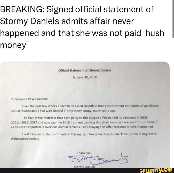 Breaking Signed Official Statement Of Stormy Daniels Admits Affair