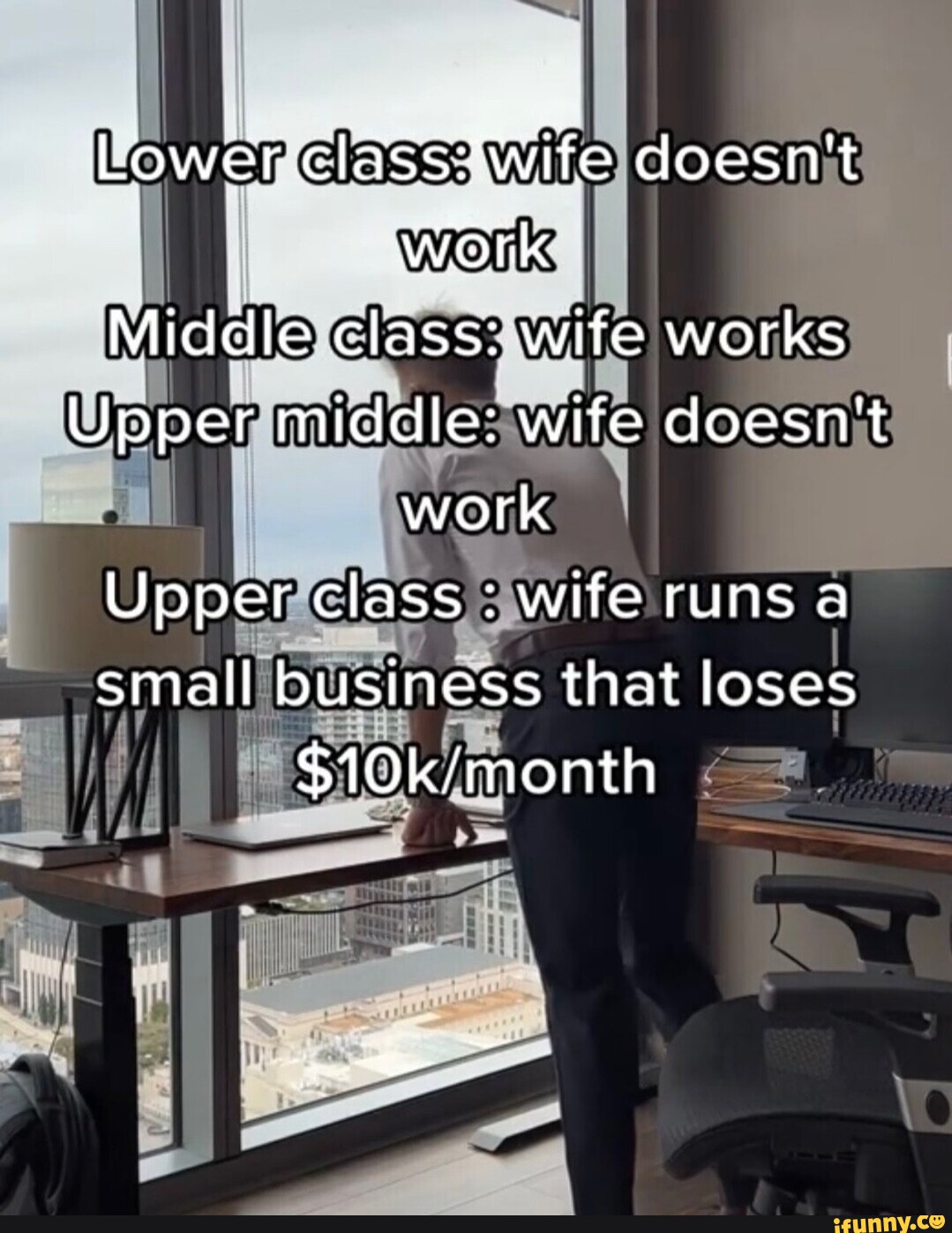 Lower doesn't work Middle class wife works Upper middle wife doesn't