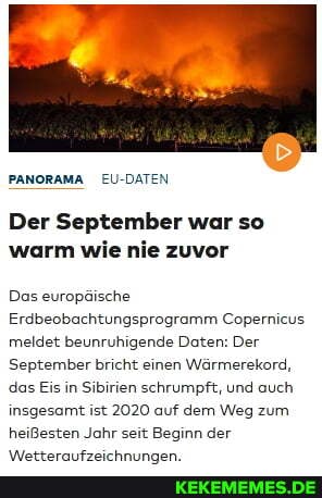 PANORAMA EU-DATEN
Der September war so warm wie nie zuvor
Das europäische
Erdbeobachtungsprogramm Copernicus meldet beunruhigende Daten: Der
September bricht einen Wärmerekord, das Eis in Sibirien schrumpft, und auch insgesamt ist 2020 auf dem Weg zum heißesten Jahr seit Beginn der