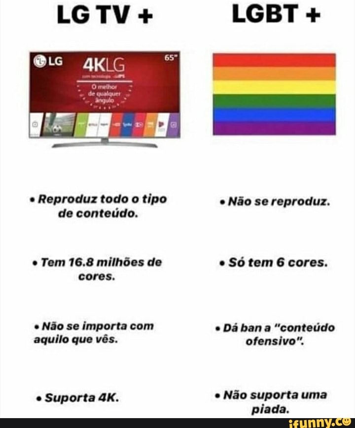 LGBT +
Reproduz todo o tipo " Não se reproduz.
de conteúdo.
Tem 16.8 milhões de Sótem6 cores.
cores.
Não se importa com Dá bana "conteúdo aquilo que vês. ofensivo".
Suporta Não suporta uma
piada.