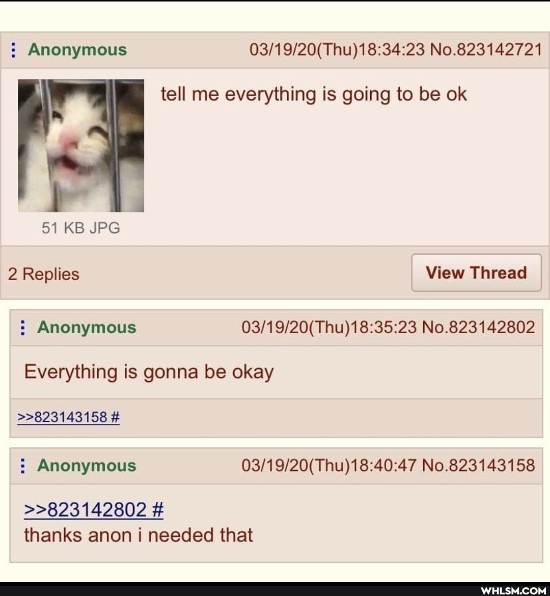 Anonymous No.823142721
tell me everything is going to be ok
51 KB JPG
2 Replies View Thread
: Anonymous No.823142802
Everything is gonna be okay
>>823143158 #
Anonymous No.823143158
>>823142802 # thanks anon i needed that