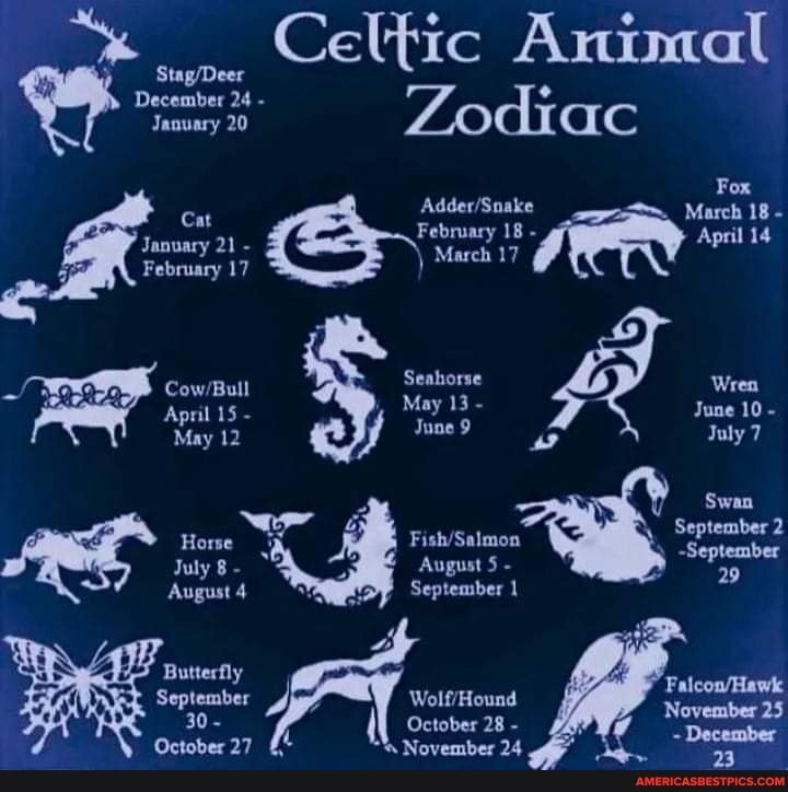 Celtic Animal Zodiac Fox March 18 February April 14 21- February 17 21  March 17 CowBull Seahorse Wren April 15 May 13 - June 10 - June 9 CowBull  May 12 Swan August 5 - 29 September Butterfly September 30- October 27 -  