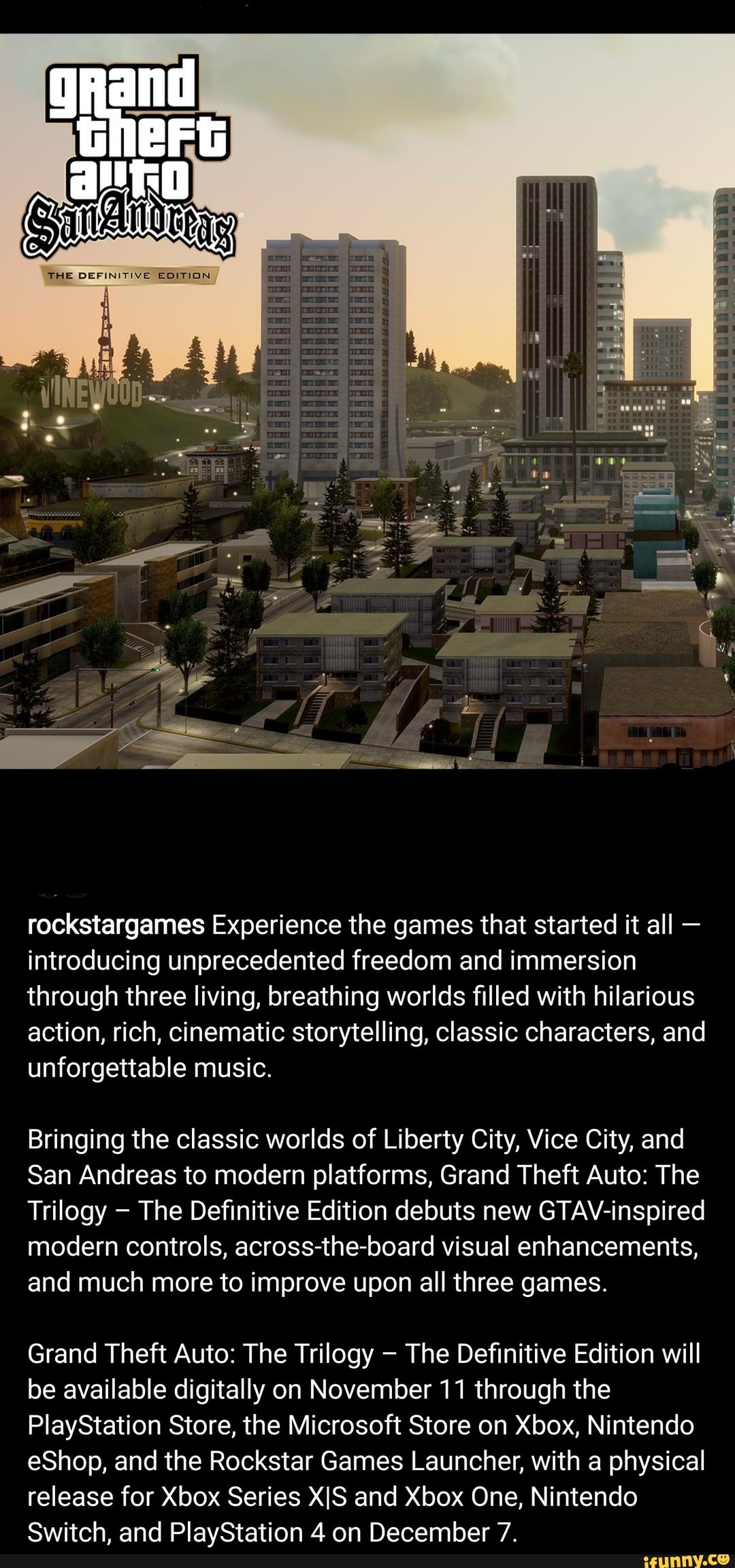 Rockstar Games on X: Bringing the classic worlds of Liberty City, Vice City,  and San Andreas to modern platforms, Grand Theft Auto: The Trilogy – The  Definitive Edition debuts new GTAV-inspired modern