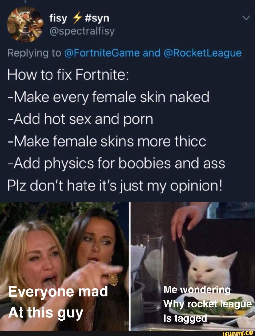 Fisy #syn @spectralfisy Replying to @FortniteGame and @RocketLeague How to  fix Fortnite: Make every female skin