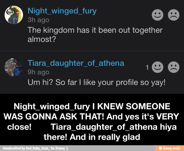 The Ringer has it been out together
Night winged fury I KNEW SOMEONE
WAS GONNA ASK THAT! And yes it's VERY
close! Tiara daughter of athena hiya
there! And in really glad - Night_winged_fury I KNEW SOMEONE WAS GONNA ASK THAT! And yes it's VERY close! Tiara_daughter_of_athena hiya there! And in really glad